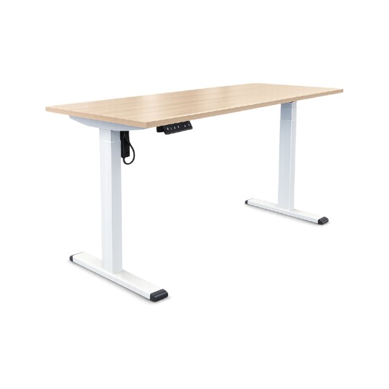 Meja kerja single  dengan fitur naik-turun  (height-adjustable desk).